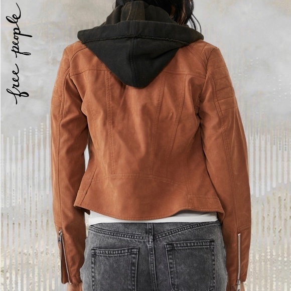 FREE PEOPLE NWT Harriett Moto-Style Brown Vegan Suede, Black Hood Jacket/Md - Picture 2 of 16